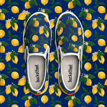 slip-on shoes, bucketfeet, tenis, sneakers, zapatos, alpargatas, Spring, primavera, accesories, meyer lemons, limones amarillos, estampado, pattern, azul