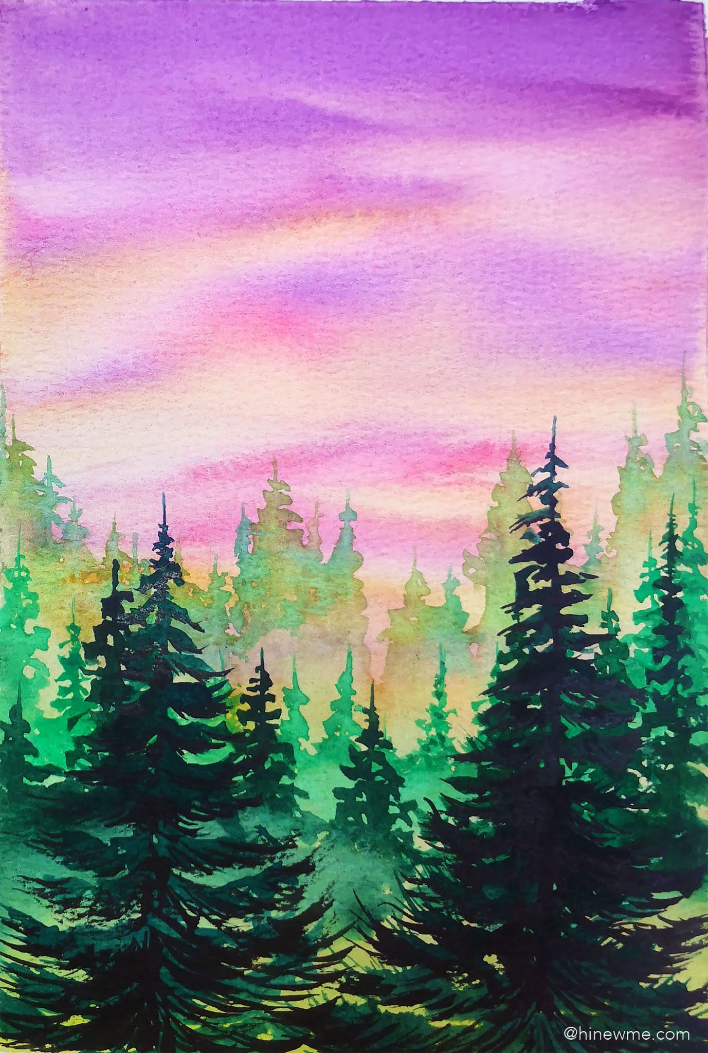 Watercolor Pink Sunset Forest Landscape,How To Draw Sunset, Come To See My Web Online Class - Hiart