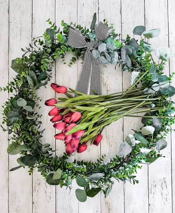 greenery wreath, pink tulips