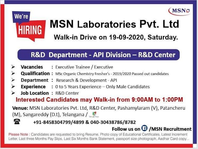MSN Laboratories | Walk-in interview for Freshers and Experienced on 19 Sept 2020 at Hyderabad