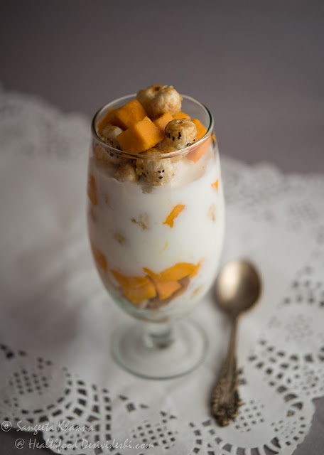 Caramelised Fox nut and Mango yogurt parfait 