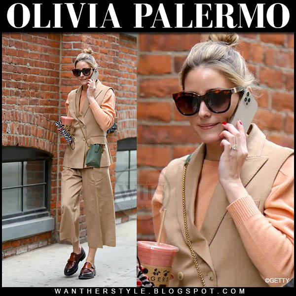 Olivia Palermo in camel vest and camel cropped pants