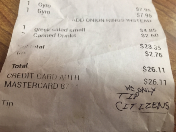 Waitress receives receipt with racial message - 'we only tip citizens' 