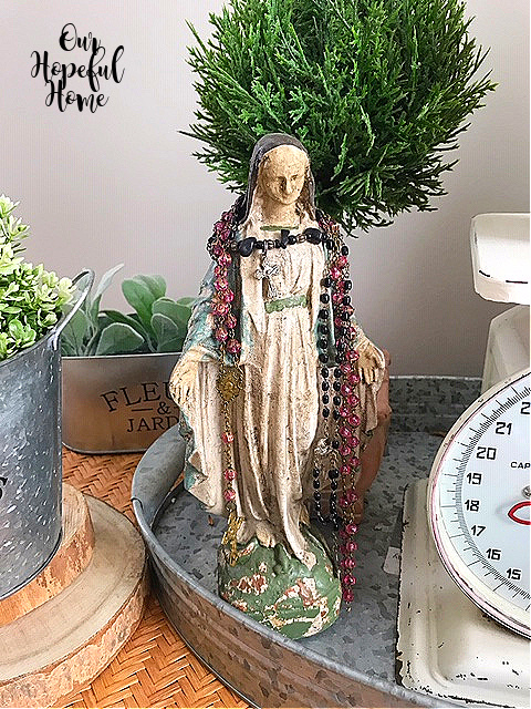 chalkware Virgin Mary Madonna statue rosary galvanized tray