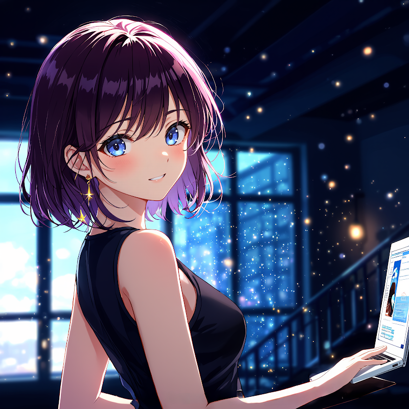 an animated female character with purple hair blue eyes and a black sleeveless top stands in a dimly lit room with a view of the night sky through a large window. she holds a laptop with a blue screen_cleanup