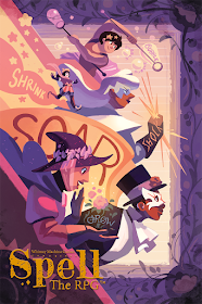 The cover of Spell: The RPG with characters casting spells of varying kinds, mostly in purple, pink, and white colors.