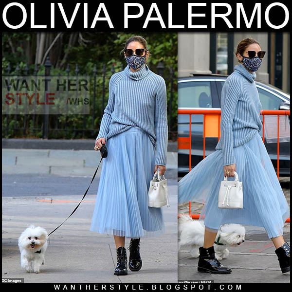 Olivia Palermo in pale blue sweater, blue midi skirt and black boots