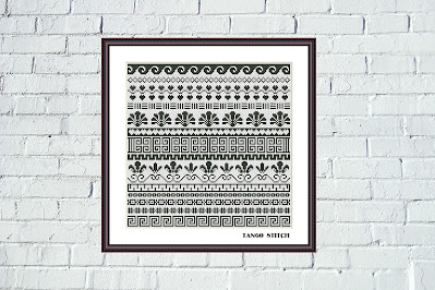 Greek ornaments black and white cross stitch embroidery pattern - Tango Stitch