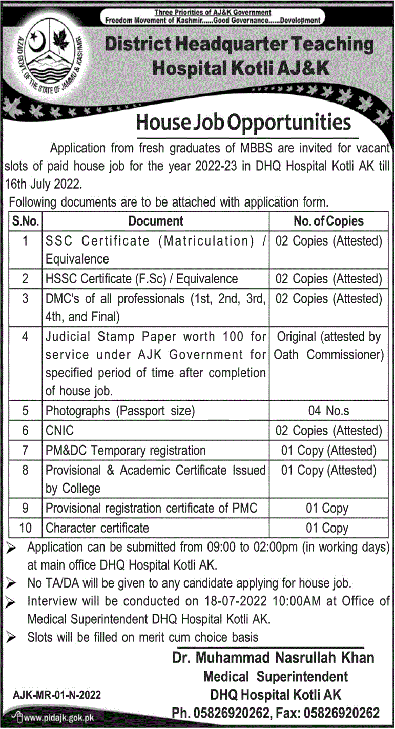House job Positions at District Headquarter Hospital 2022 | Pak Jobs