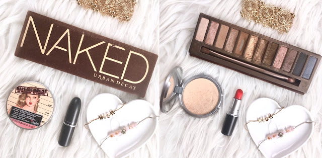 Urban Decay Naked Palette, The Balm Mary Lou-Manizer, Mac Red Rock Matte Lipstick