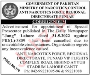 Latest Ministry of Narcotics Control Management Posts Lahore 2022