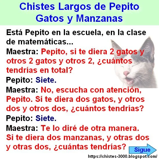 Chistes largos de Pepito en la escuela. Suma de gatos y manzanas.