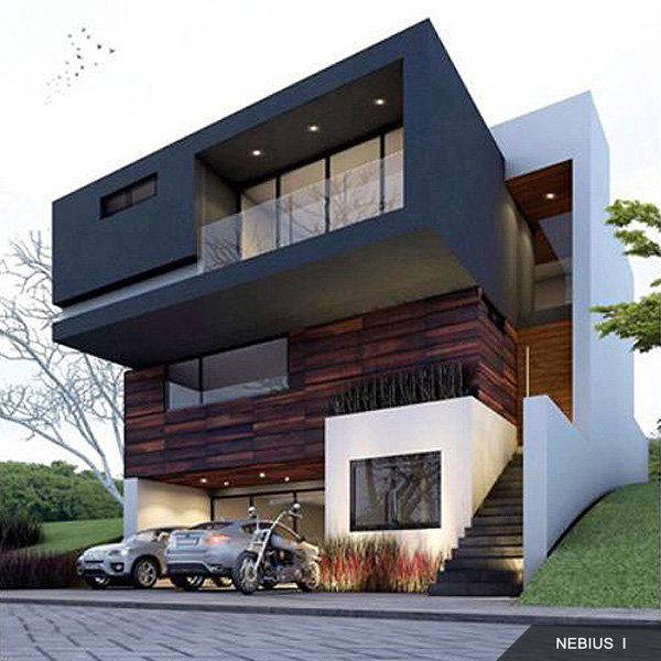 diseño, fachada y planos de casas modernas minimalistas de 3 niveles, modelo Nebius I negro