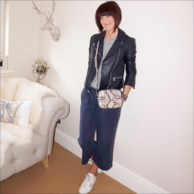 My Midlife Fashion, hm cashmere crew neck sweatshirt, massimo dutti navy leather biker jacket, massimo dutti snake print cross body bag, golden goose superstar leather low top trainers, great plains timed out tencel culottes