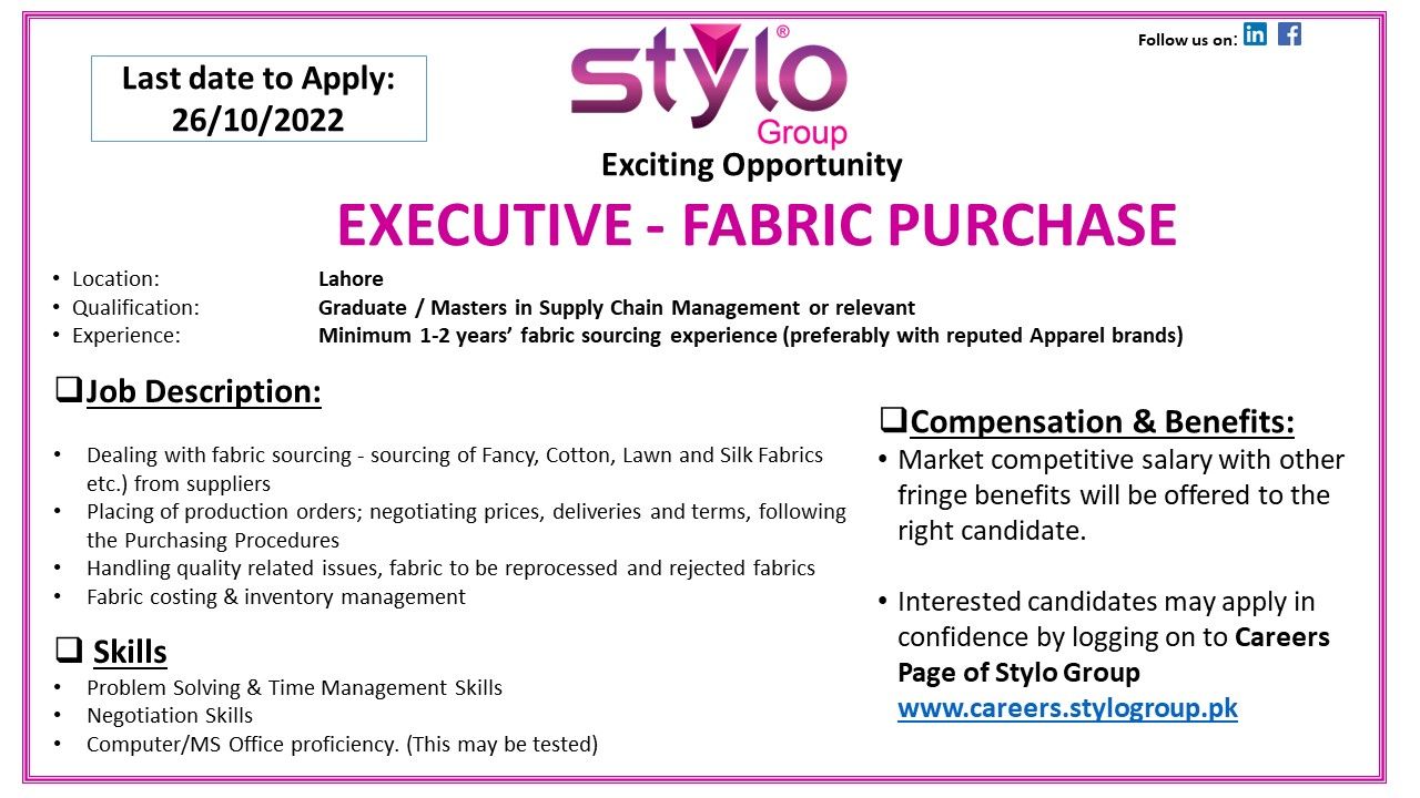 Stylo Pvt Ltd Jobs For Executive Fabric Purchase
