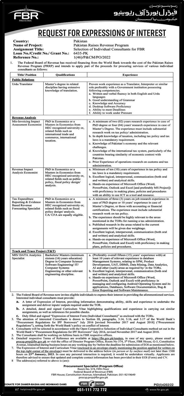 Federal Board of Revenue FBR Jobs 2023 | www.fbr.gov.pk