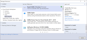 VS Extension search results showing the Rapid XAML (Preview) entry