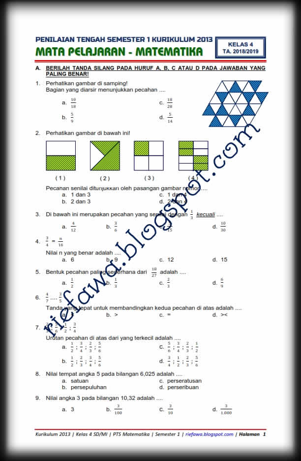 Download Soal UTS PTS Matematika Kelas 4 SD MI Kurikulum 2013 Semester 1 Terbaru Rief Awa Blog