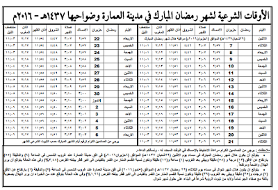 إمساكيات شهر رمضان المبارك لعام 1437 هـ (2016 م)