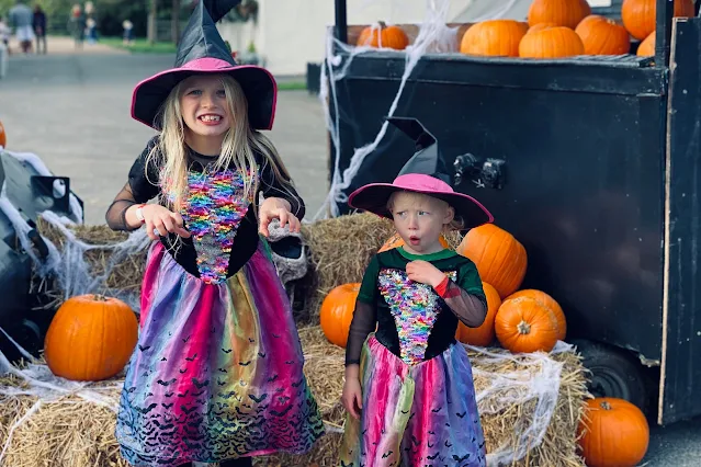 Two children dressed up as witches and posing in front of a halloween backdrop at Marsh Farm