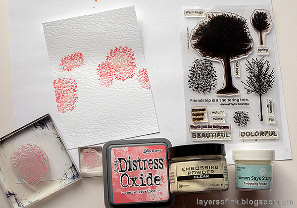 Layers of ink - Cherry Blossom Tree Tutorial by Anna-Karin Evaldsson. With Simon Says Stamp All Seasons Tree stamp set. Stamp and emboss the cherry blossoms.