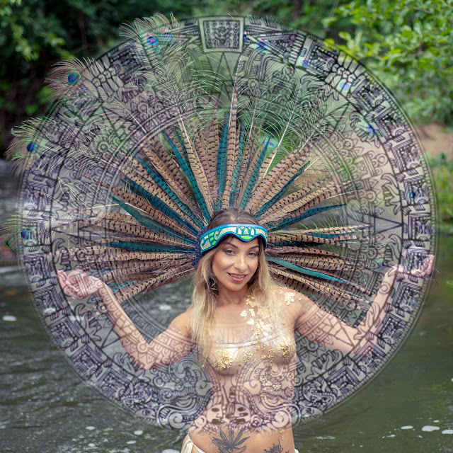 Yvette Marie Ramirez Aztec Goddess cosplay photoshoot Aztec calendar nature