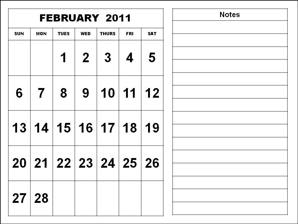 Printable February 2011 Calendar with big fonts and notes spaces