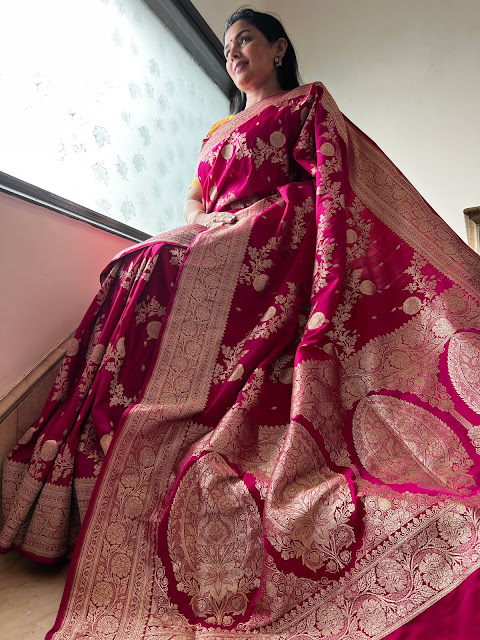Unraveling the Enchanting Hot Pink Mushroom Silk Saree with a Vintage Jaal