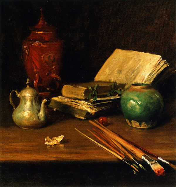 Magnificent still life painting with books and kitchen objects by William Merritt Chase