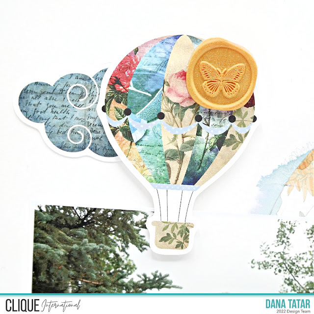 Wanderlust Travel Alaska Scrapbook Layout Using Alexandra Renke Patterned Paper and Hot Air Balloon and Cloud Memory Place Die-Cuts