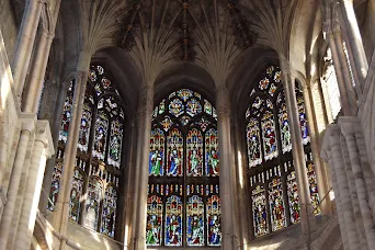 The multi-coloured, stained-glass windows inside Norwich Cathedral. Made to dazzle the eyes!