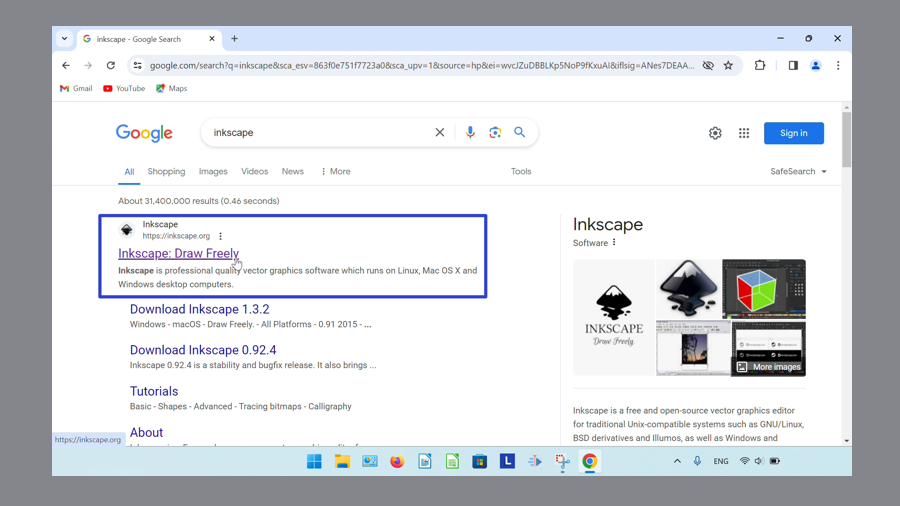 A blue rectangle surrounds the first search result on the search results page. The cursor clicks the "Inkscape: Draw Freely" hyperlink of the first search result.