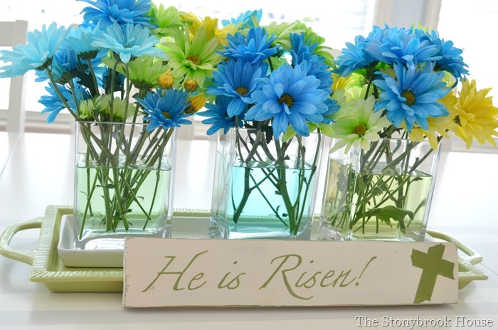 Table Flowers and He IS Risen Sign