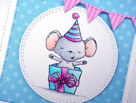 Birthday card with cute mouse in a present box and bunting (stamps are It's a Mice Time to Celebrate by MFT)