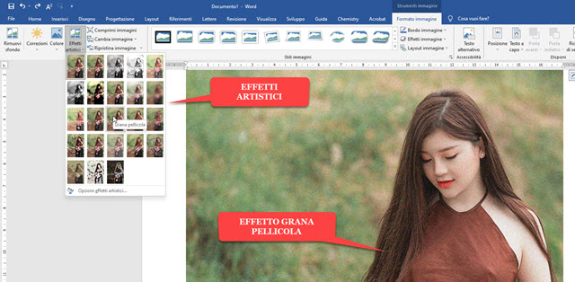effetti artistici su foto in word