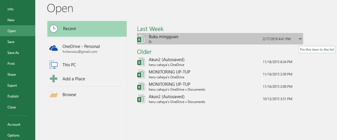 pin recent workbook excel 2016