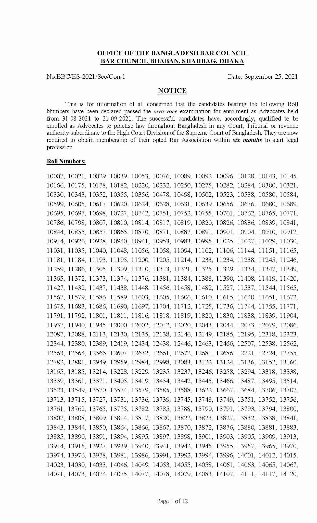 Bar Council Result 2021