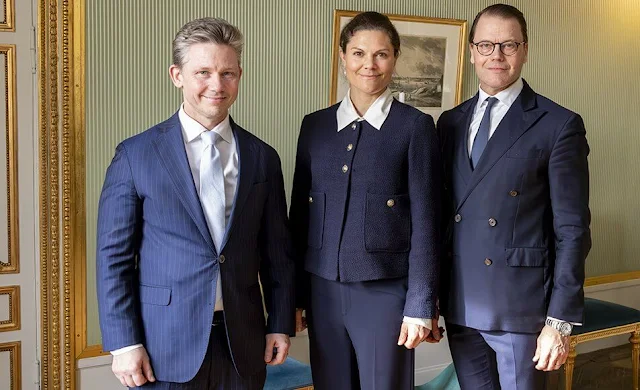 Crown Princess Victoria wore a navy blue, silver buttons cropped jacket by Massimo Dutti. Swedish Minister of Defense Pal Jonson