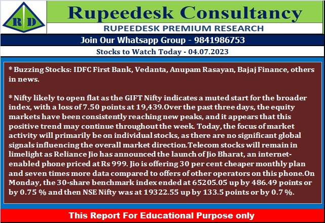 Stock to Watch Today - Rupeedesk Reports - 04.07.2023