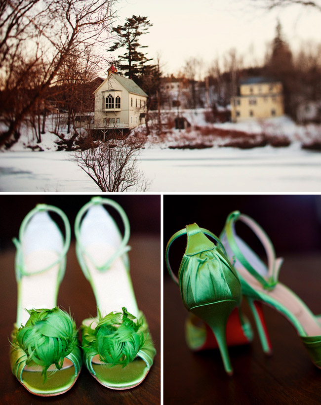 vermont winter wedding Christian Louboutin green wedding shoes