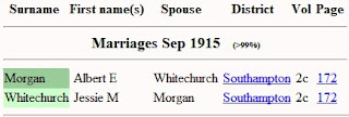 Albert E Morgan, Jessie M Whitechurch, marriage, 1915, Southampton. Image from FreeBMD