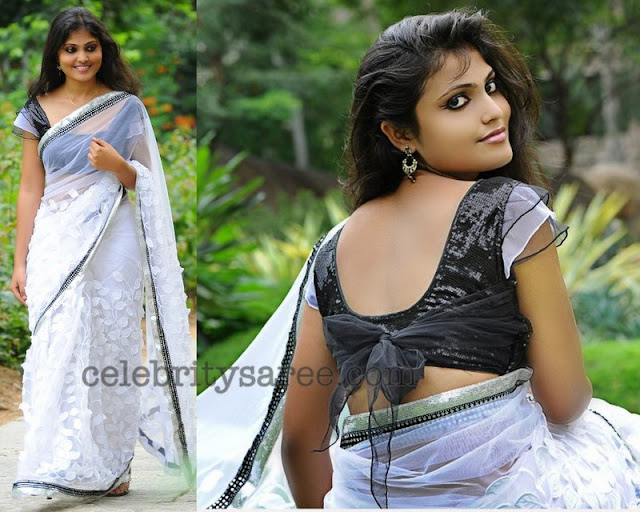 White Stylish Saree with Velvet Blouse