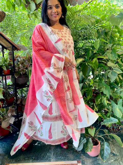 Hand block printed cotton suit with dupatta