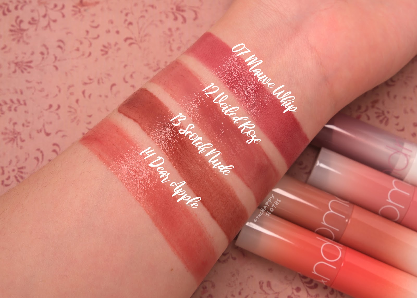 Romand | Glasting Melting Balm in "07 Mauve Whip", "12 Veiled Rose", "13 Scotch Nude" & "14 Dear Apple": Review and Swatches