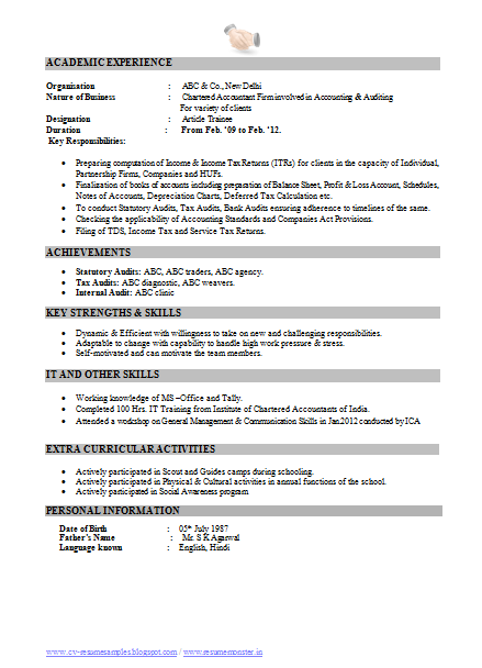 Free Resume Sample CA Chartered Accountant