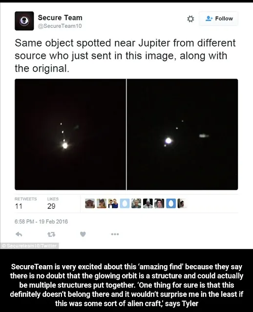 Tweet by Secureteam regarding a UFO approaching Europa Moon of Jupiter.