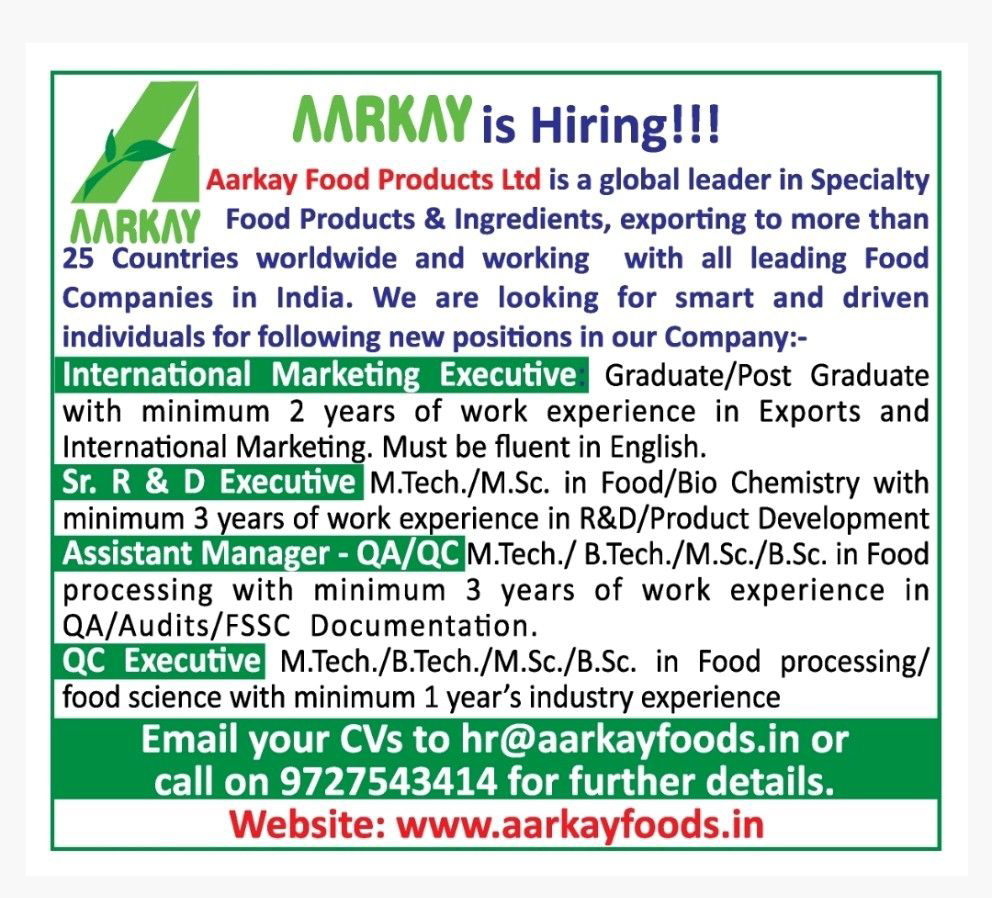 Job Availables,Aarkay Food Products Ltd  Job Vacancy For B.Tech/ M.Tech/ BSc/ MSc/ Graduate/ Post Graduate
