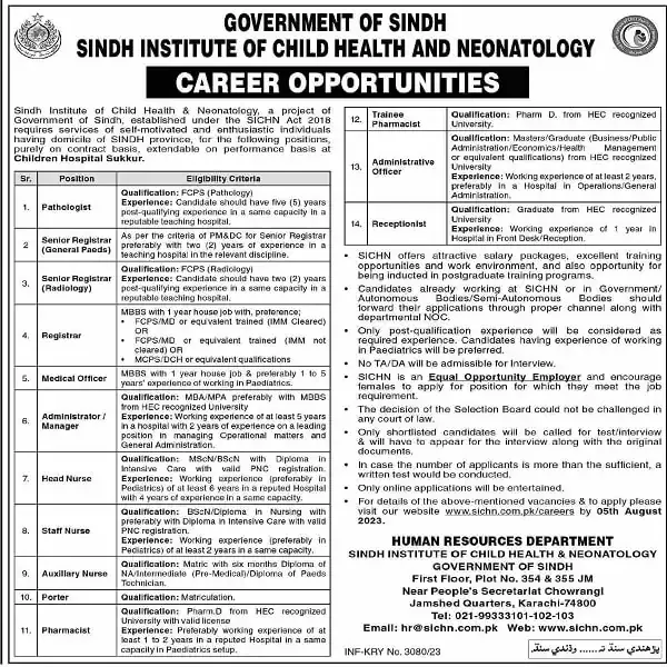 Sindh Institute Child Health Neonatology Jobs