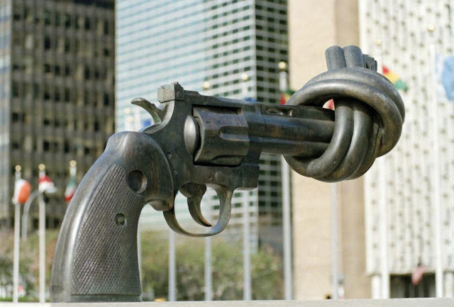 The “No to Violence” sculpture by K.F. Reutersuord is installed on a pedestal in front of the visitors' entrance to the UN Headquarters complex.