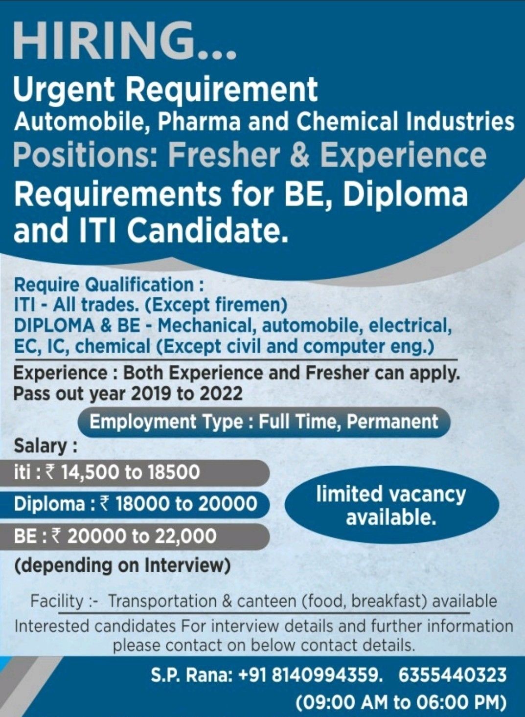 Requirements for BE, Diploma, and ITI Candidates in Automobile, Pharma, and Chemical Industries